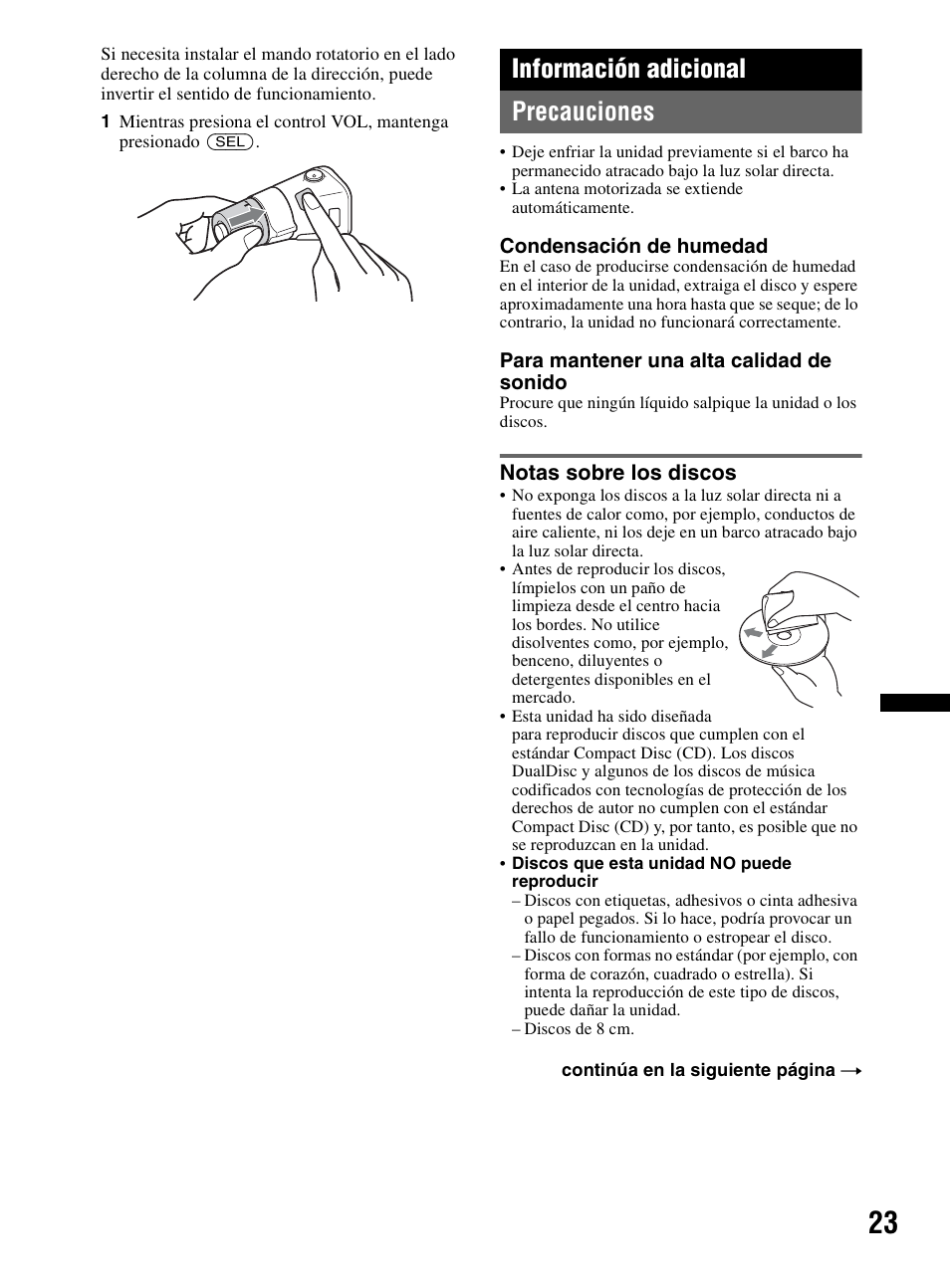 Información adicional, Precauciones, Notas sobre los discos | Información adicional precauciones | Sony CDX-MR60UI User Manual | Page 77 / 172