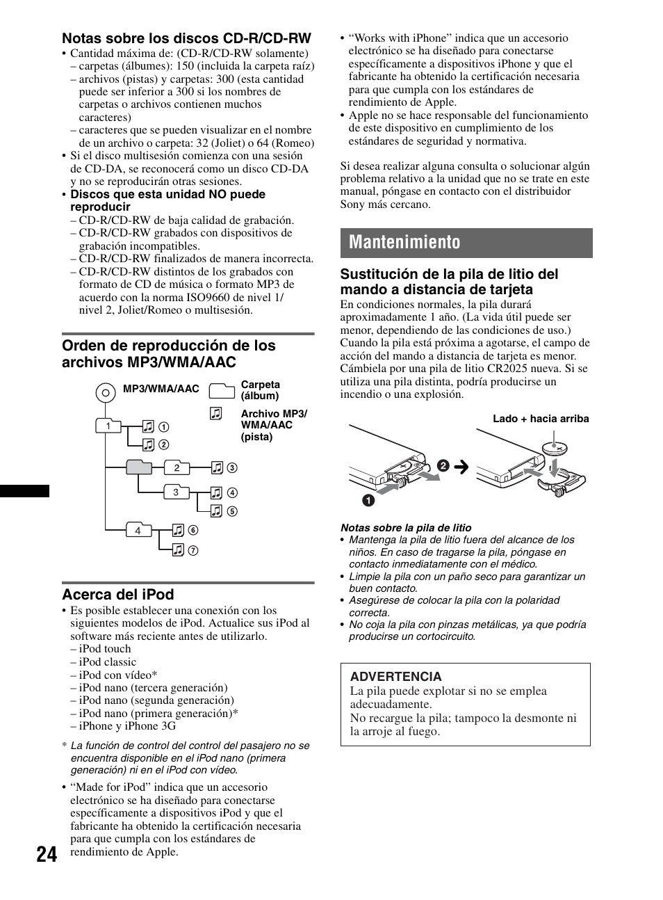 Orden de reproducción de los archivos mp3/wma/aac, Acerca del ipod, Mantenimiento | Sony CDX-MR60UI User Manual | Page 78 / 172