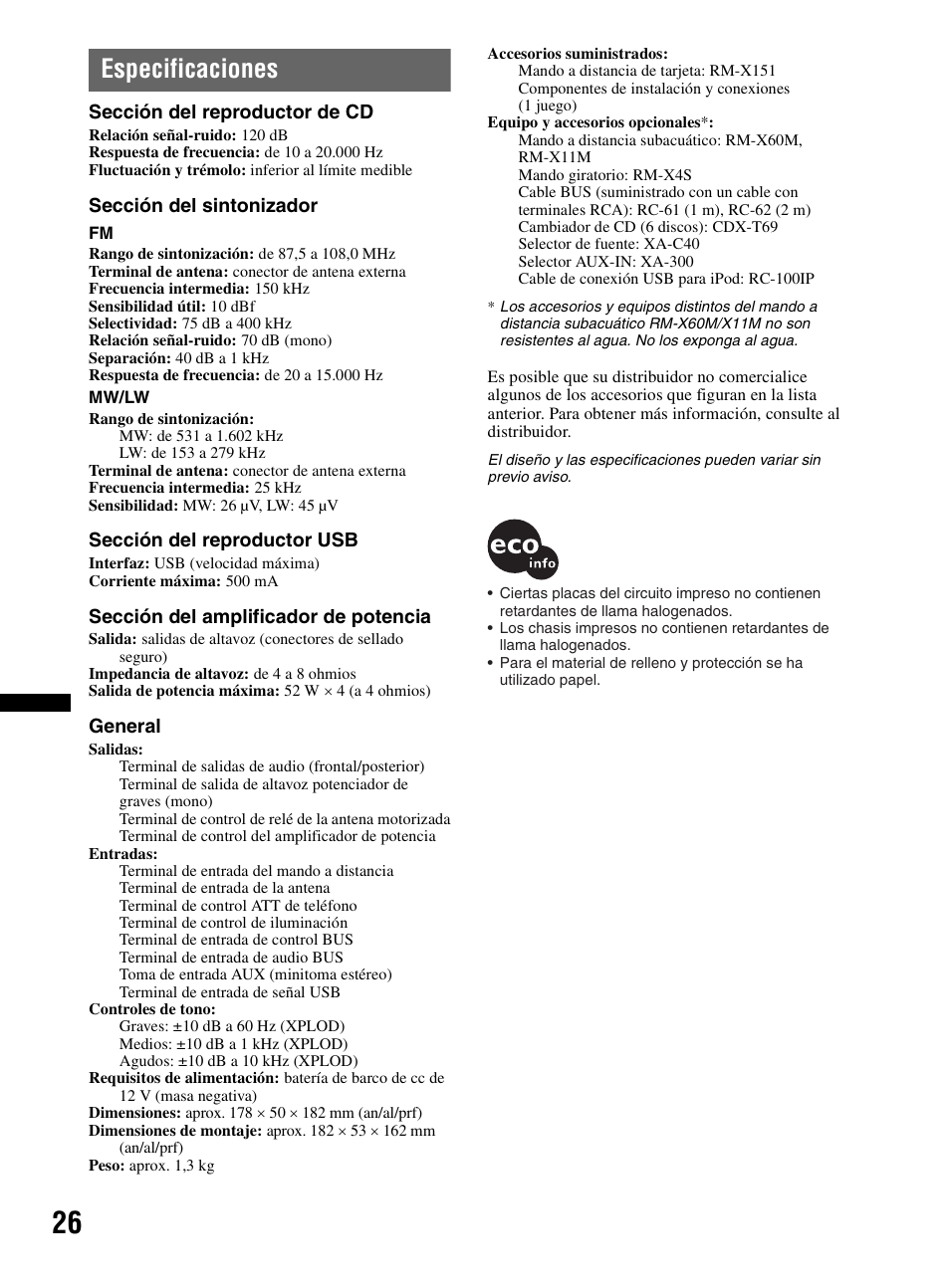 Especificaciones | Sony CDX-MR60UI User Manual | Page 80 / 172