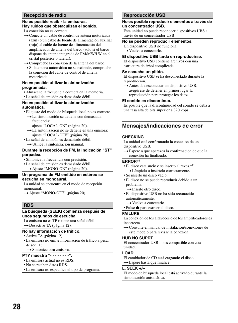 Mensajes/indicaciones de error | Sony CDX-MR60UI User Manual | Page 82 / 172