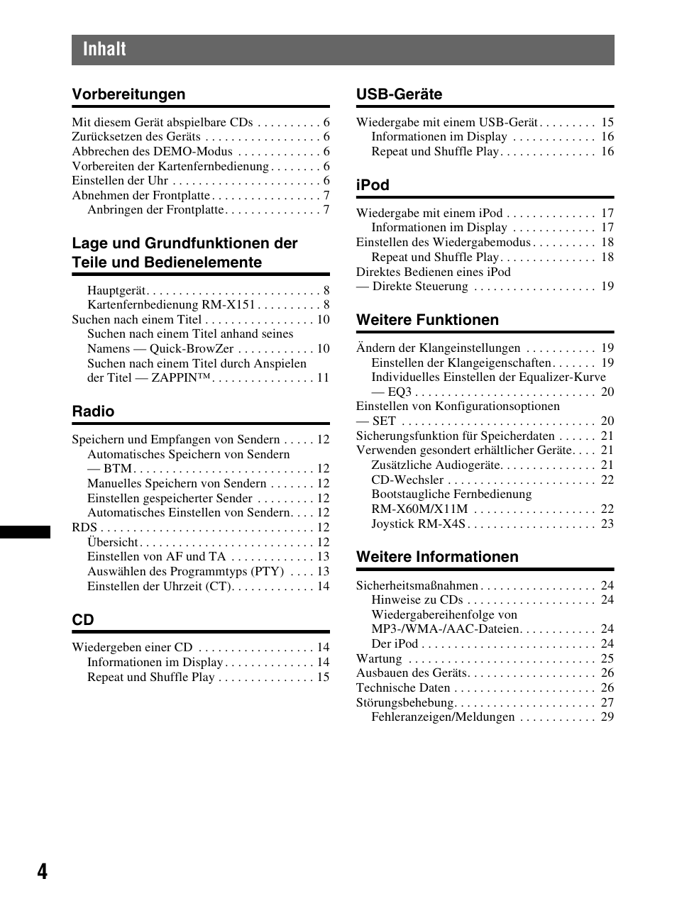 Inhalt | Sony CDX-MR60UI User Manual | Page 86 / 172