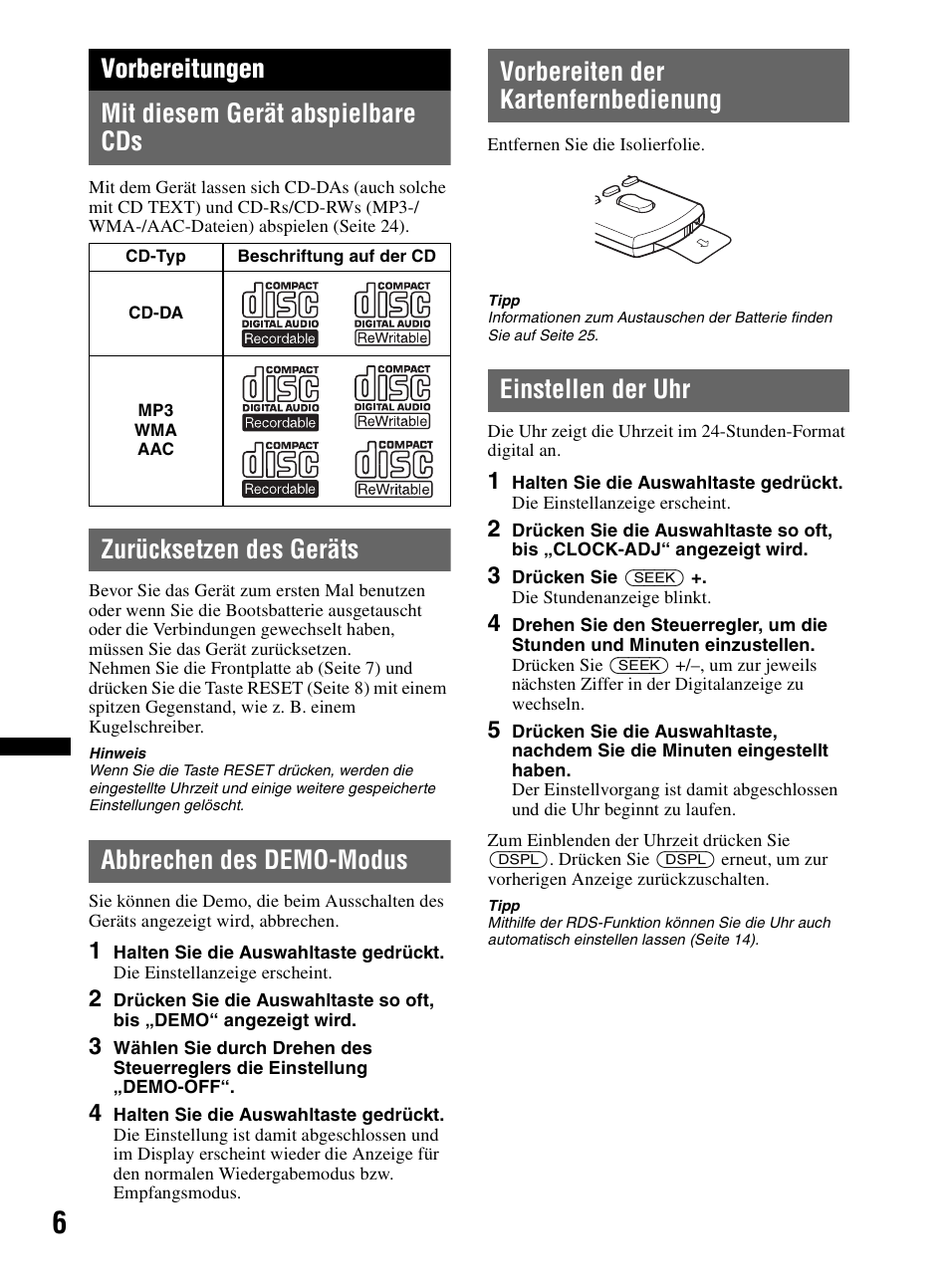 Vorbereitungen, Mit diesem gerät abspielbare cds, Zurücksetzen des geräts | Abbrechen des demo-modus, Vorbereiten der kartenfernbedienung, Einstellen der uhr, Seite 6, Vorbereitungen mit diesem gerät abspielbare cds | Sony CDX-MR60UI User Manual | Page 88 / 172