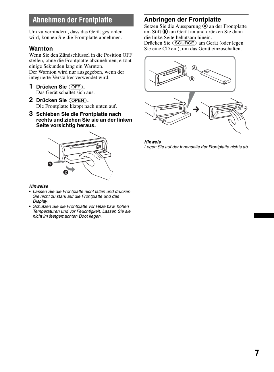 Abnehmen der frontplatte, Anbringen der frontplatte, Seite 7) | Sony CDX-MR60UI User Manual | Page 89 / 172