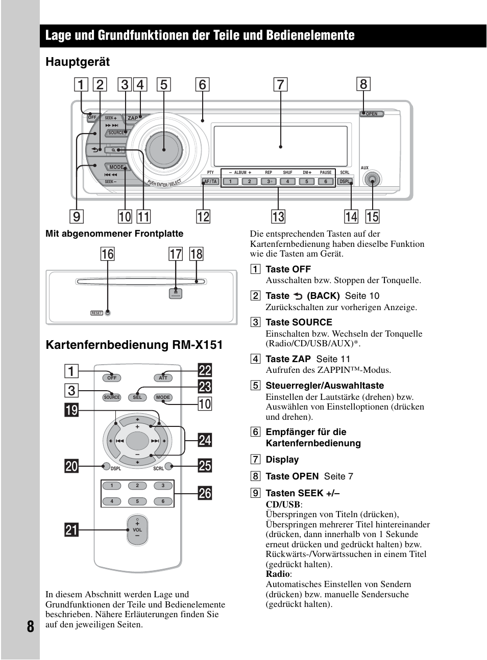 Hauptgerät, Kartenfernbedienung rm-x151, Hauptgerät kartenfernbedienung rm-x151 | Et (seite 8), Qj qk qh, 3wd 0 1 wg ql w; ws wa wh wf | Sony CDX-MR60UI User Manual | Page 90 / 172