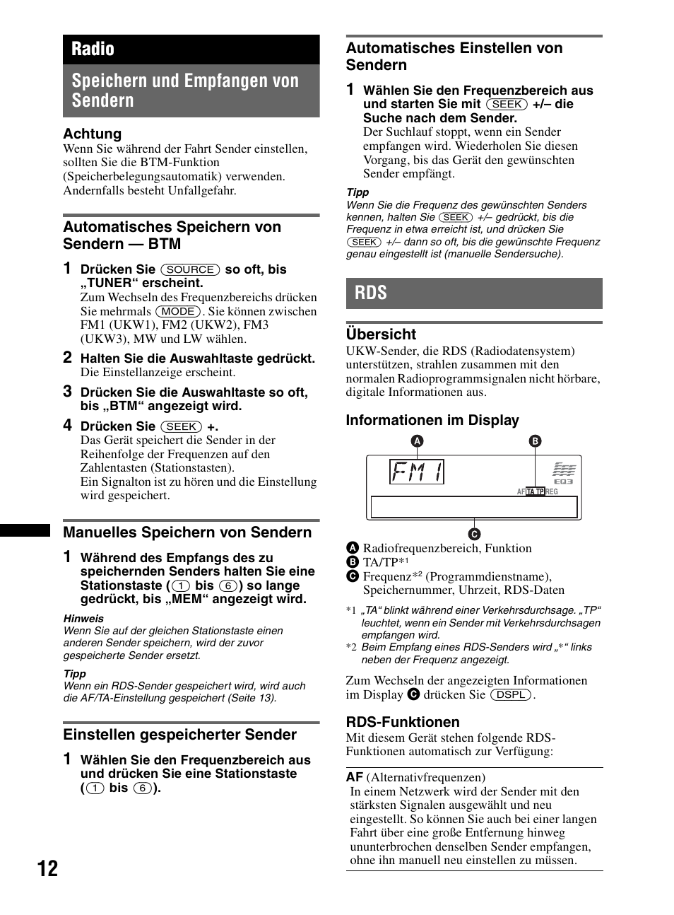 Radio, Speichern und empfangen von sendern, Automatisches speichern von sendern - btm | Manuelles speichern von sendern, Einstellen gespeicherter sender, Automatisches einstellen von sendern, Übersicht, Seite 12, Radio speichern und empfangen von sendern | Sony CDX-MR60UI User Manual | Page 94 / 172