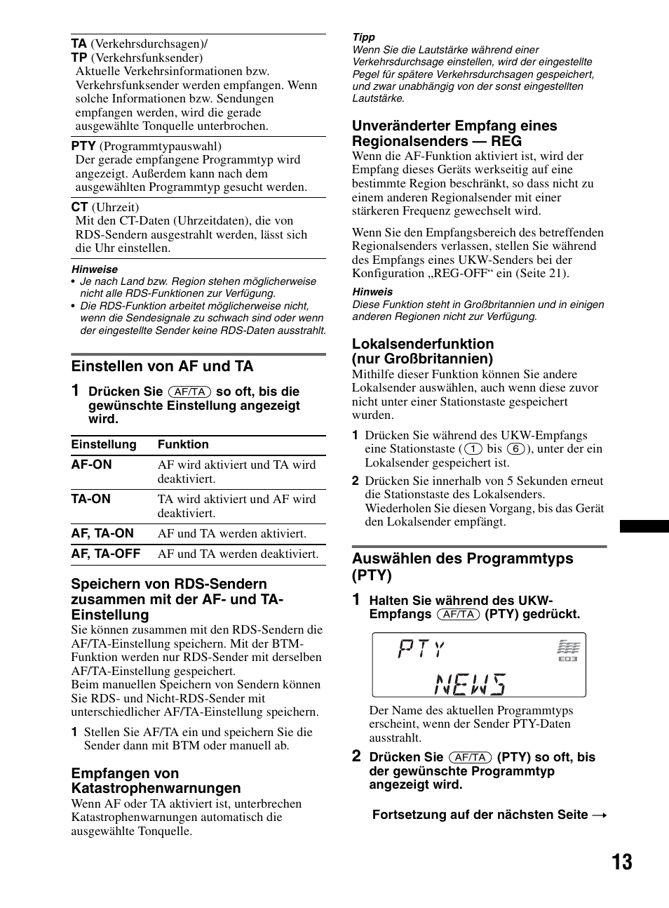 Einstellen von af und ta, Auswählen des programmtyps (pty), Seite 13 | Sony CDX-MR60UI User Manual | Page 95 / 172