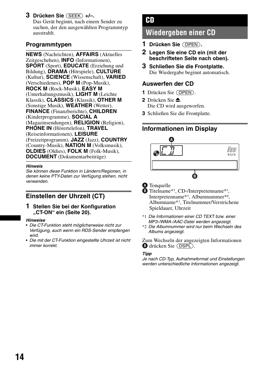 Einstellen der uhrzeit (ct), Wiedergeben einer cd, Informationen im display | Seite 14, Cd wiedergeben einer cd | Sony CDX-MR60UI User Manual | Page 96 / 172