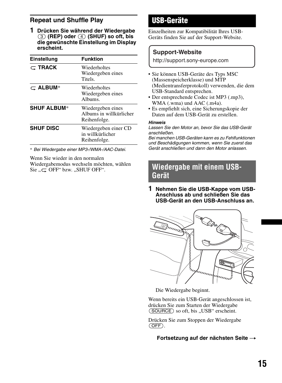 Repeat und shuffle play, Usb-geräte, Wiedergabe mit einem usb- gerät | Wiedergabe mit einem usb-gerät, Ep seite 15, Seite 15 | Sony CDX-MR60UI User Manual | Page 97 / 172