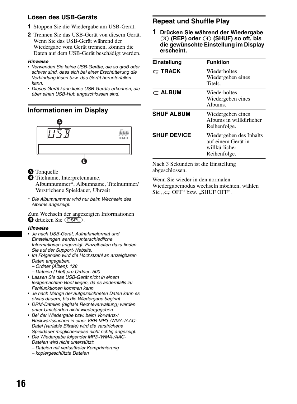 Informationen im display, Repeat und shuffle play, Informationen im display repeat und shuffle play | Sony CDX-MR60UI User Manual | Page 98 / 172