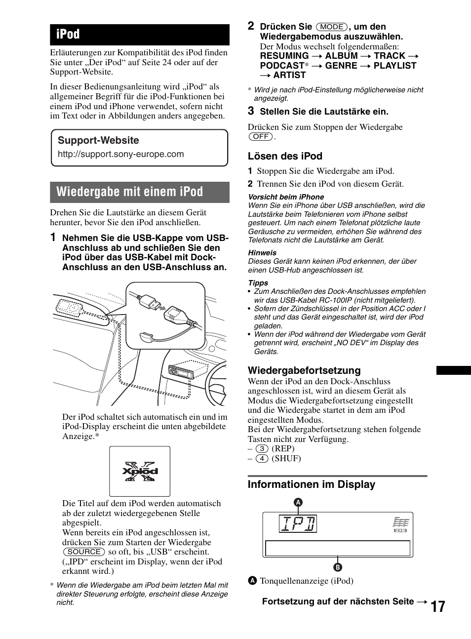 Ipod, Wiedergabe mit einem ipod, Informationen im display | Sony CDX-MR60UI User Manual | Page 99 / 172