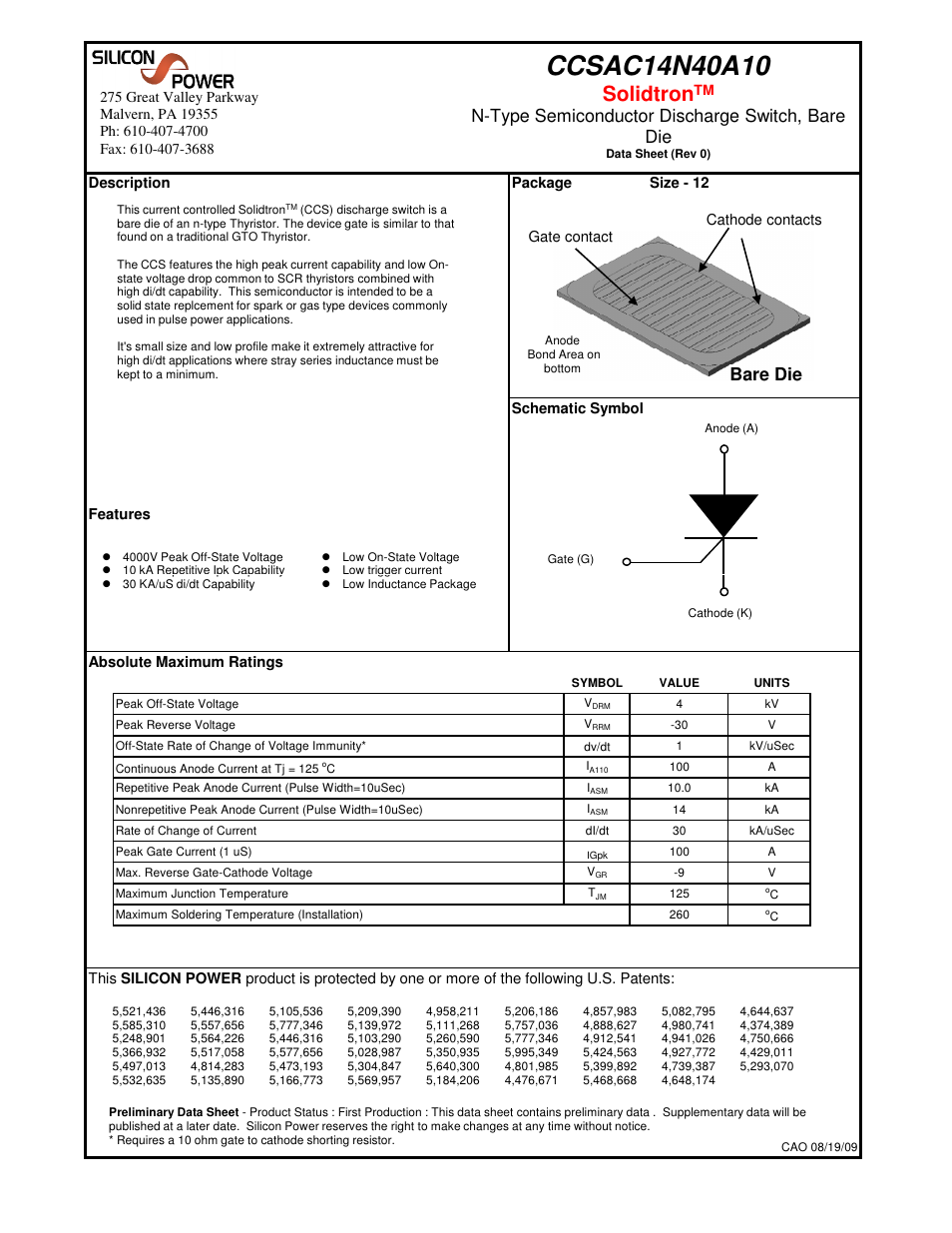 Silicon Power CCS AC 14N40_N-Type Semiconductor Discharge Switch, Bare Die User Manual | 5 pages