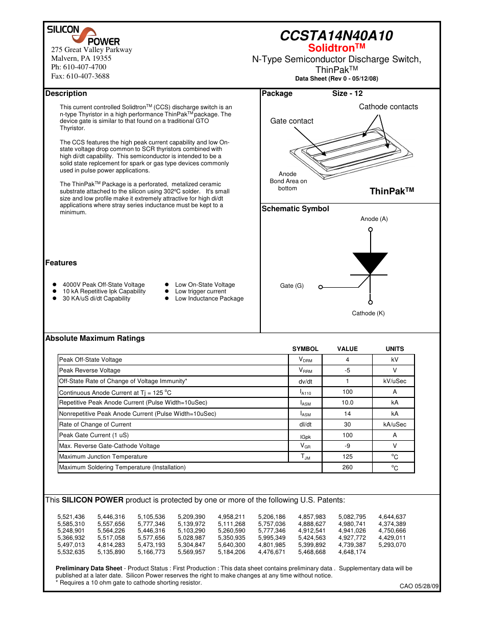 Silicon Power CCS TA 14N40_N-Type Semiconductor Discharge Switch, ThinPak User Manual | 5 pages