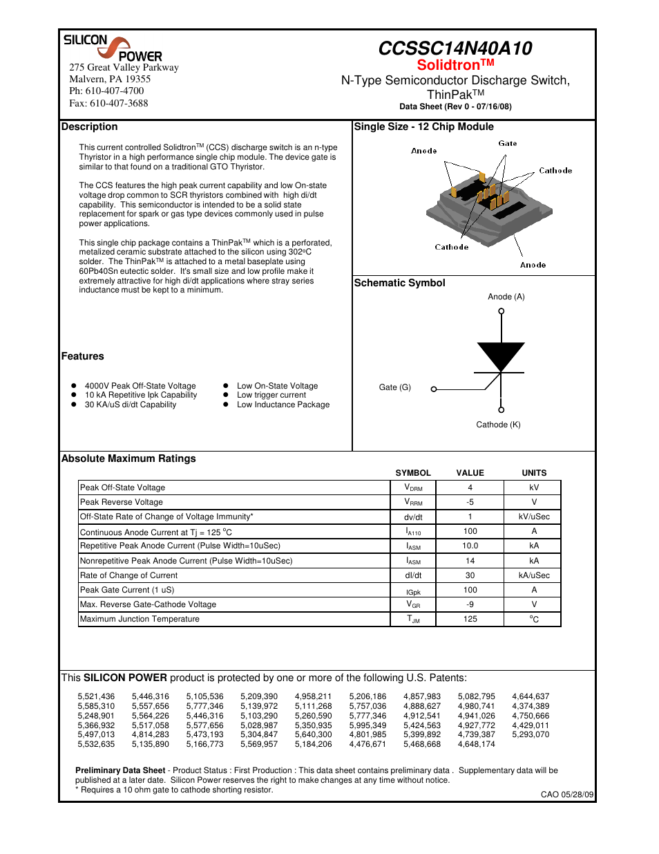 Silicon Power CCS SC 14N40_N-Type Semiconductor Discharge Switch, ThinPak User Manual | 5 pages