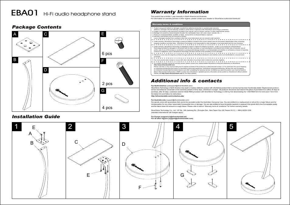 Eba01, Ae b d f, Hi-fi audio headphone stand | Warranty information, Additional info & contacts, Lnstallation guide package contents | SilverStone EBA01 User Manual | Page 2 / 2