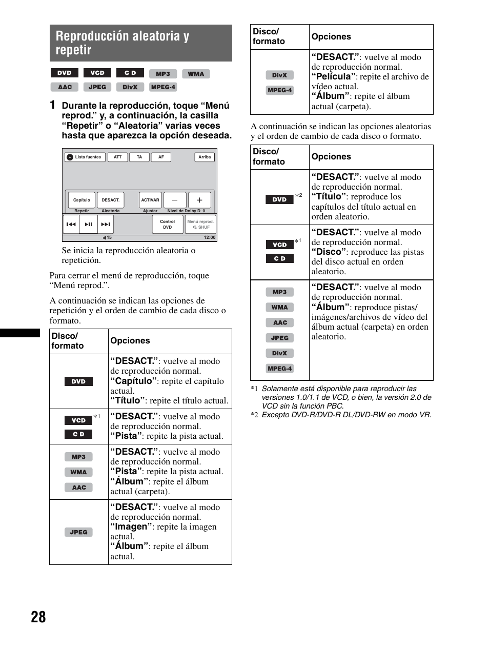 Reproducción aleatoria y repetir | Sony XAV-70BT User Manual | Page 102 / 240