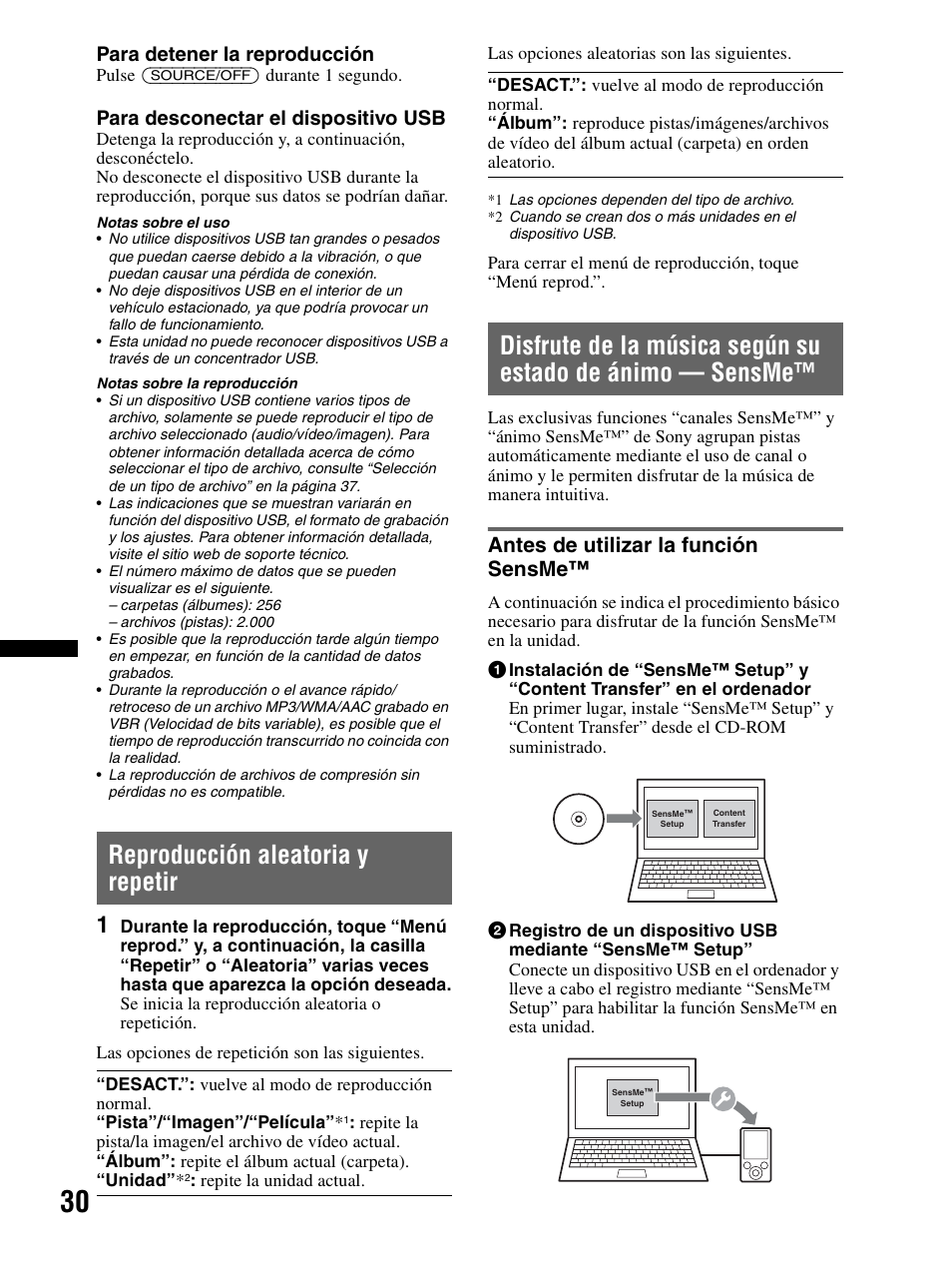 Reproducción aleatoria y repetir, Antes de utilizar la función sensme, Para detener la reproducción | Para desconectar el dispositivo usb | Sony XAV-70BT User Manual | Page 104 / 240