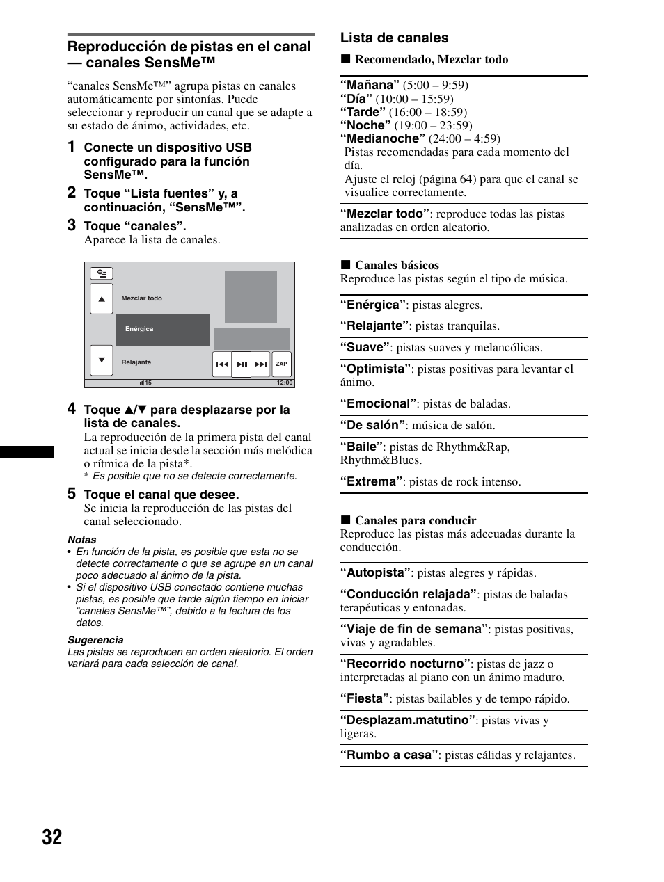 Reproducción de pistas en el canal, Canales sensme | Sony XAV-70BT User Manual | Page 106 / 240