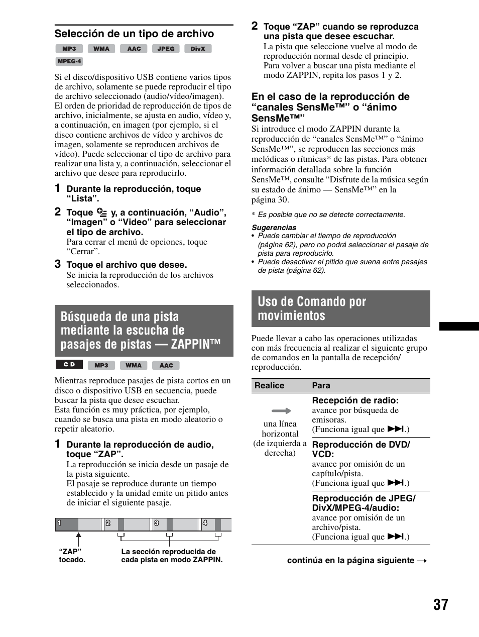 Selección de un tipo de archivo, Uso de comando por movimientos | Sony XAV-70BT User Manual | Page 111 / 240