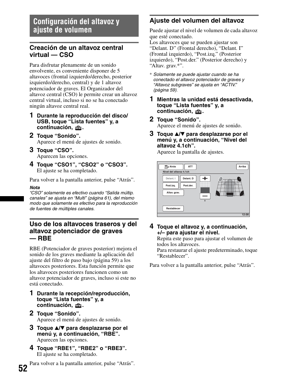 Configuración del altavoz y ajuste de volumen, Creación de un altavoz central virtual — cso, Ajuste del volumen del altavoz | Configuración del altavoz y ajuste de, Volumen, Creación de un altavoz central virtual | Sony XAV-70BT User Manual | Page 126 / 240