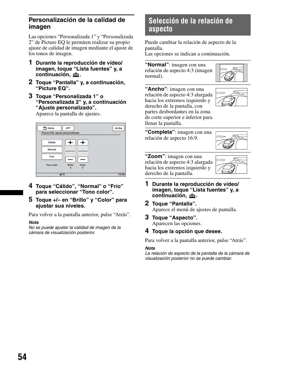 Personalización de la calidad de imagen, Selección de la relación de aspecto, Personalización de la calidad de | Imagen | Sony XAV-70BT User Manual | Page 128 / 240