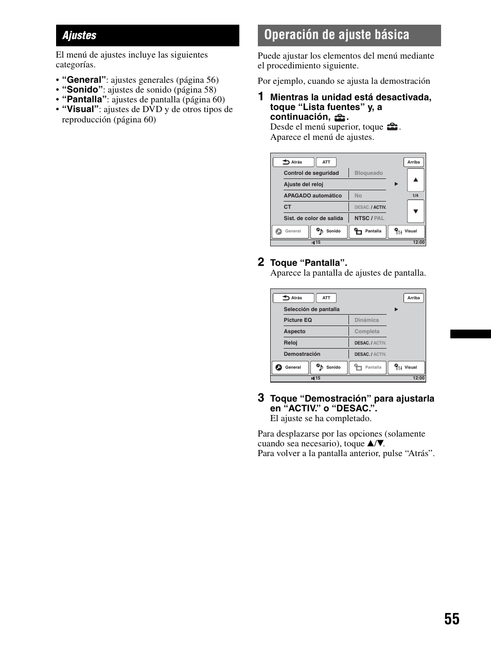 Ajustes, Operación de ajuste básica | Sony XAV-70BT User Manual | Page 129 / 240