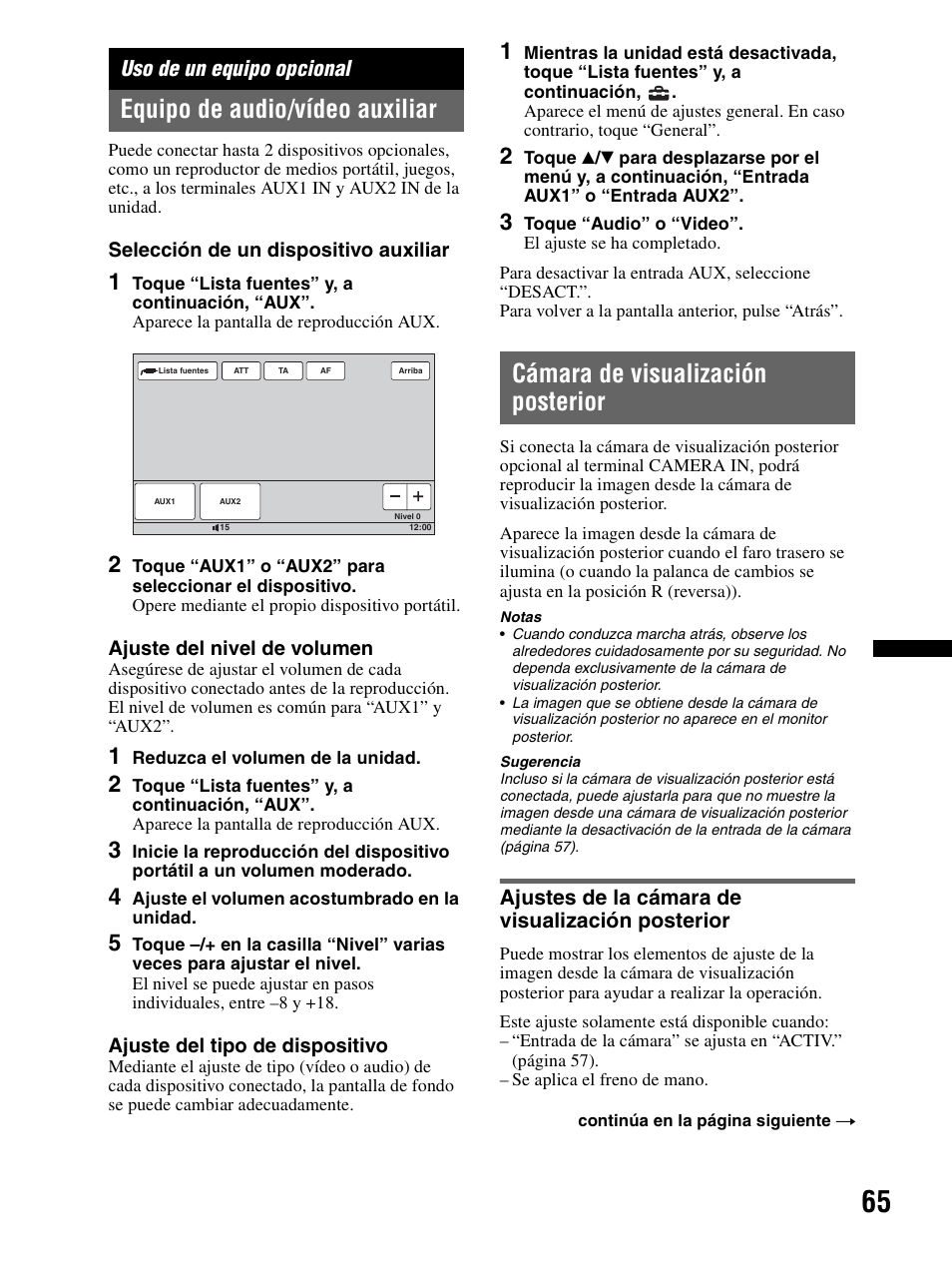 Uso de un equipo opcional, Equipo de audio/vídeo auxiliar, Cámara de visualización posterior | Ajustes de la cámara de visualización posterior, Ajustes de la cámara de visualización, Posterior | Sony XAV-70BT User Manual | Page 139 / 240