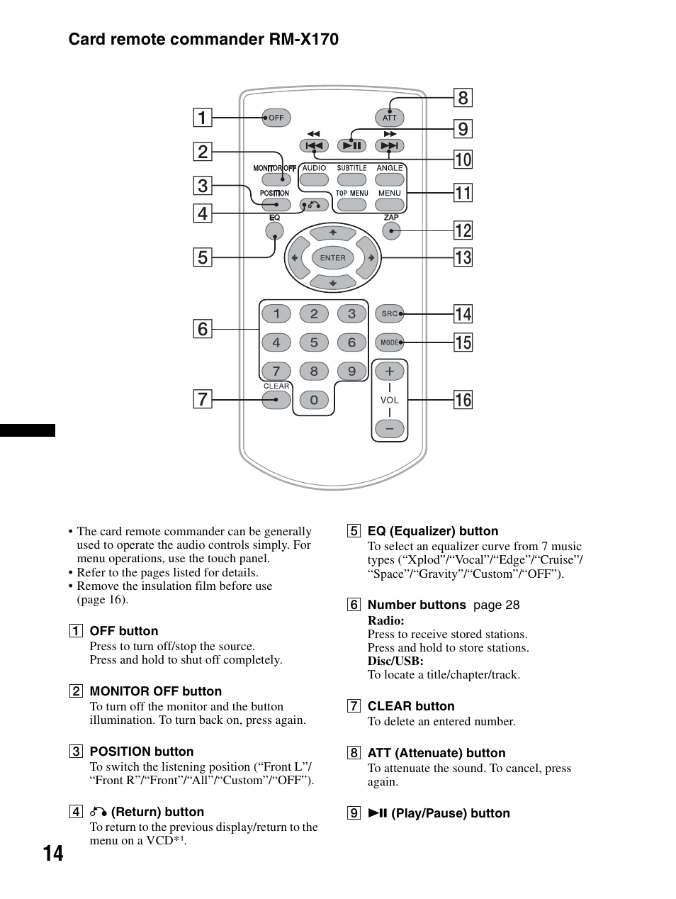 Card remote commander rm-x170 | Sony XAV-70BT User Manual | Page 14 / 240