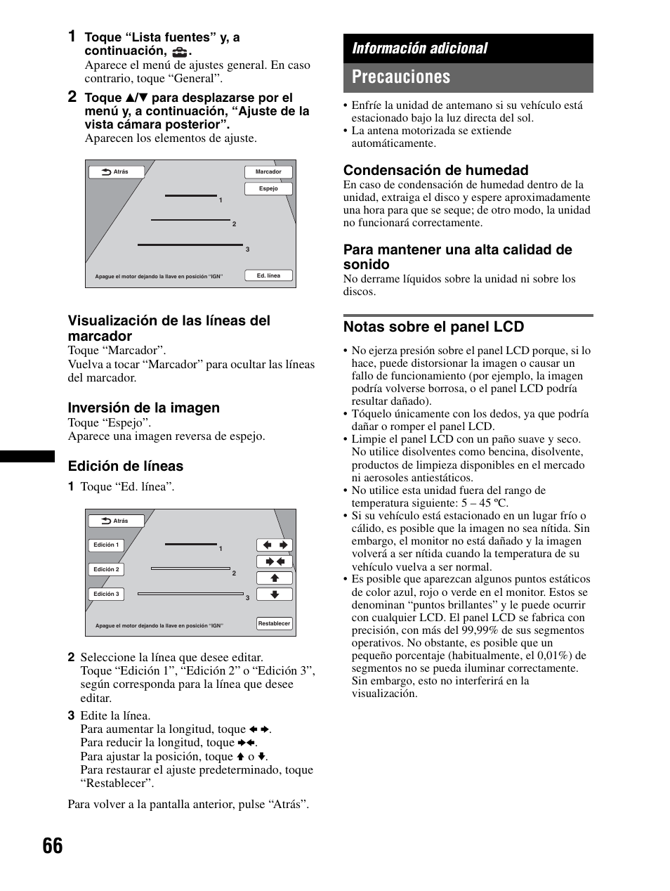 Información adicional, Precauciones, Notas sobre el panel lcd | Visualización de las líneas del marcador, Inversión de la imagen, Edición de líneas, Condensación de humedad, Para mantener una alta calidad de sonido | Sony XAV-70BT User Manual | Page 140 / 240