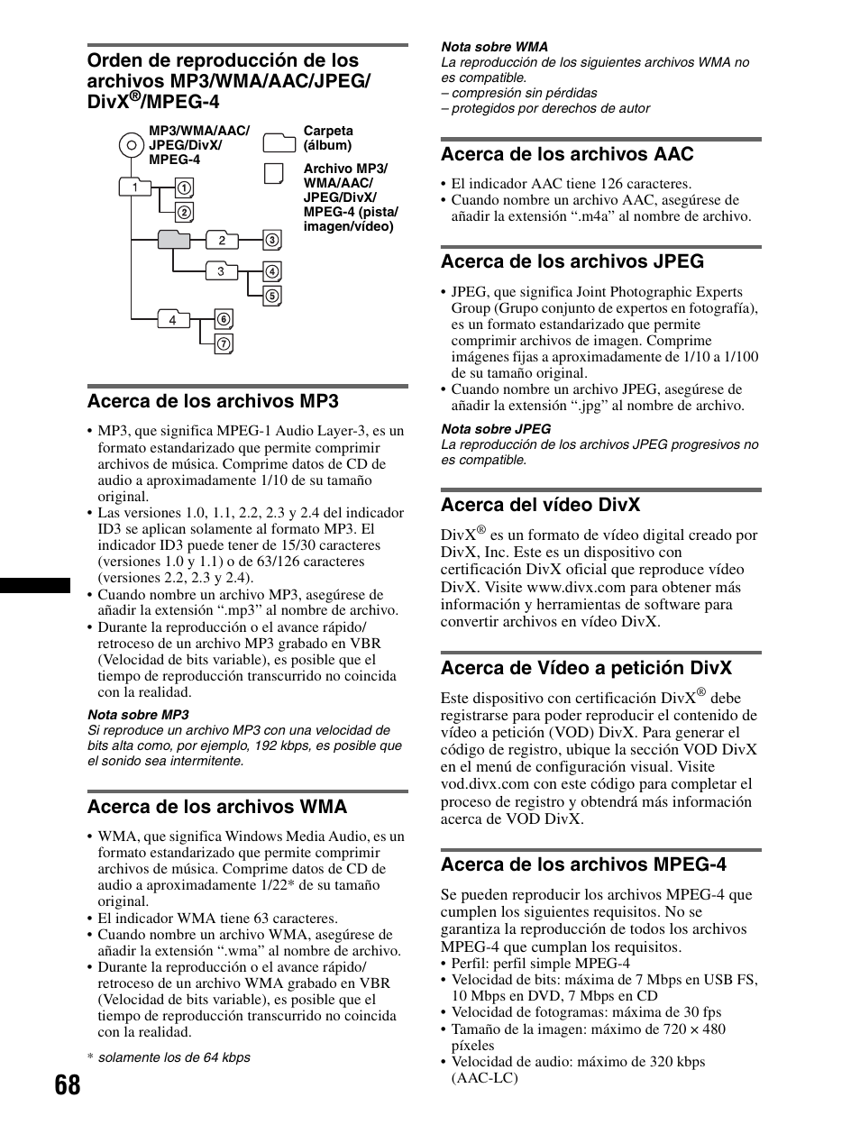 Acerca de los archivos mp3, Acerca de los archivos wma, Acerca de los archivos aac | Acerca de los archivos jpeg, Acerca del vídeo divx, Acerca de vídeo a petición divx, Acerca de los archivos mpeg-4, Mpeg-4, Mpeg-4 acerca de los archivos mp3 | Sony XAV-70BT User Manual | Page 142 / 240