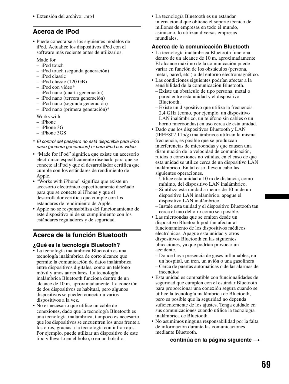 Acerca de ipod, Acerca de la función bluetooth, Acerca de ipod acerca de la función bluetooth | Sony XAV-70BT User Manual | Page 143 / 240