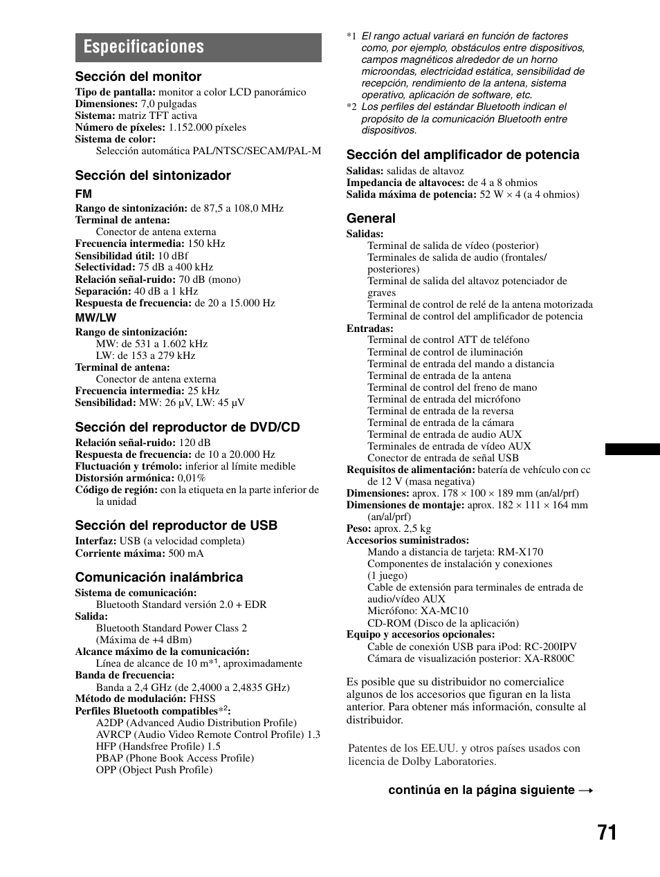 Especificaciones | Sony XAV-70BT User Manual | Page 145 / 240