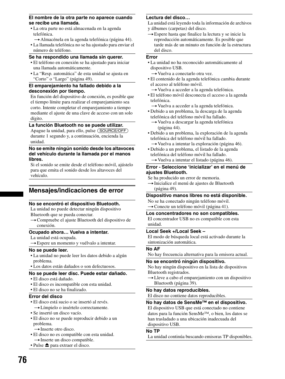 Mensajes/indicaciones de error | Sony XAV-70BT User Manual | Page 150 / 240