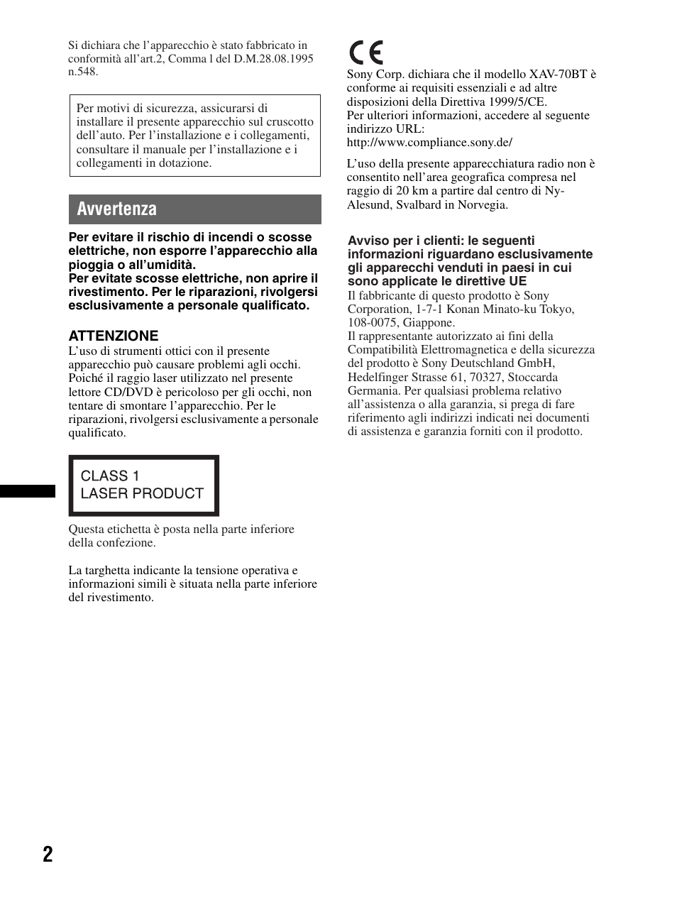 Avvertenza | Sony XAV-70BT User Manual | Page 156 / 240