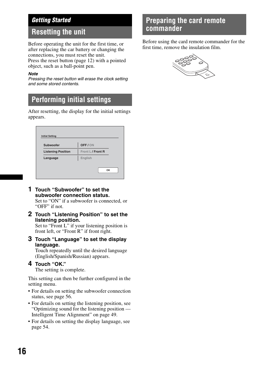 Getting started, Resetting the unit, Performing initial settings | Preparing the card remote commander, Preparing the card remote, Commander, E 16 | Sony XAV-70BT User Manual | Page 16 / 240