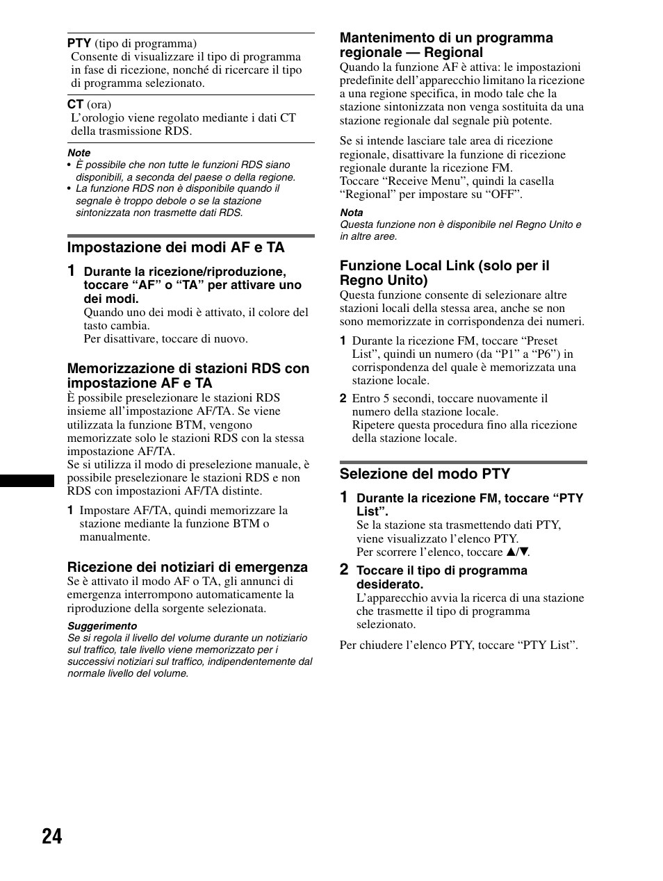 Impostazione dei modi af e ta, Selezione del modo pty | Sony XAV-70BT User Manual | Page 178 / 240