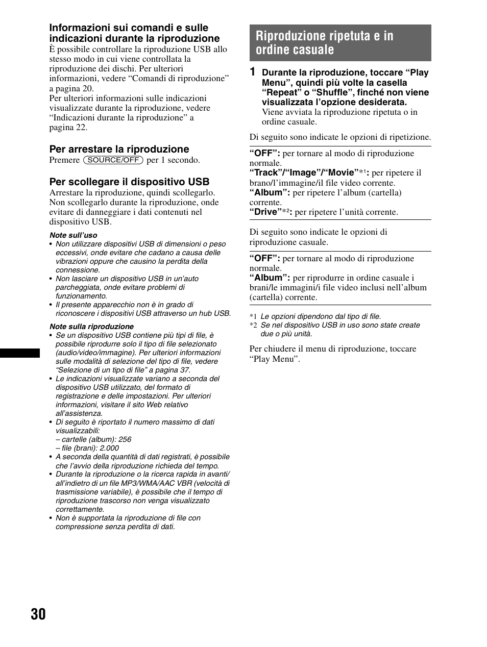 Riproduzione ripetuta e in ordine casuale, Per arrestare la riproduzione, Per scollegare il dispositivo usb | Sony XAV-70BT User Manual | Page 184 / 240