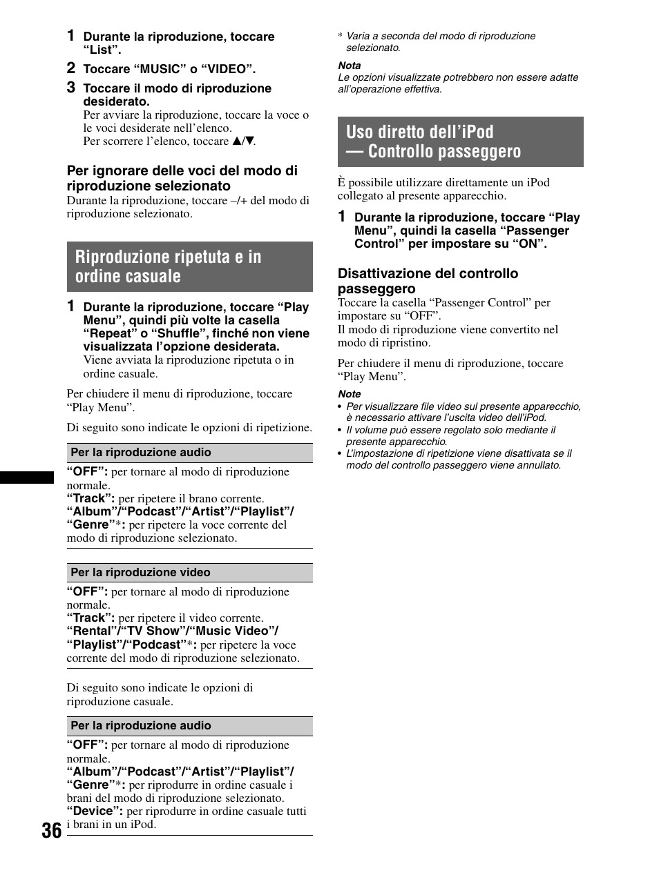 Riproduzione ripetuta e in ordine casuale, Uso diretto dell’ipod — controllo passeggero, Uso diretto dell’ipod | Controllo passeggero | Sony XAV-70BT User Manual | Page 190 / 240