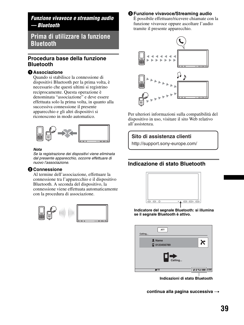 Funzione vivavoce e streaming audio — bluetooth, Prima di utilizzare la funzione bluetooth, Procedura base della funzione bluetooth | Indicazione di stato bluetooth, Procedura base della funzione, Bluetooth indicazione di stato bluetooth, Sito di assistenza clienti | Sony XAV-70BT User Manual | Page 193 / 240