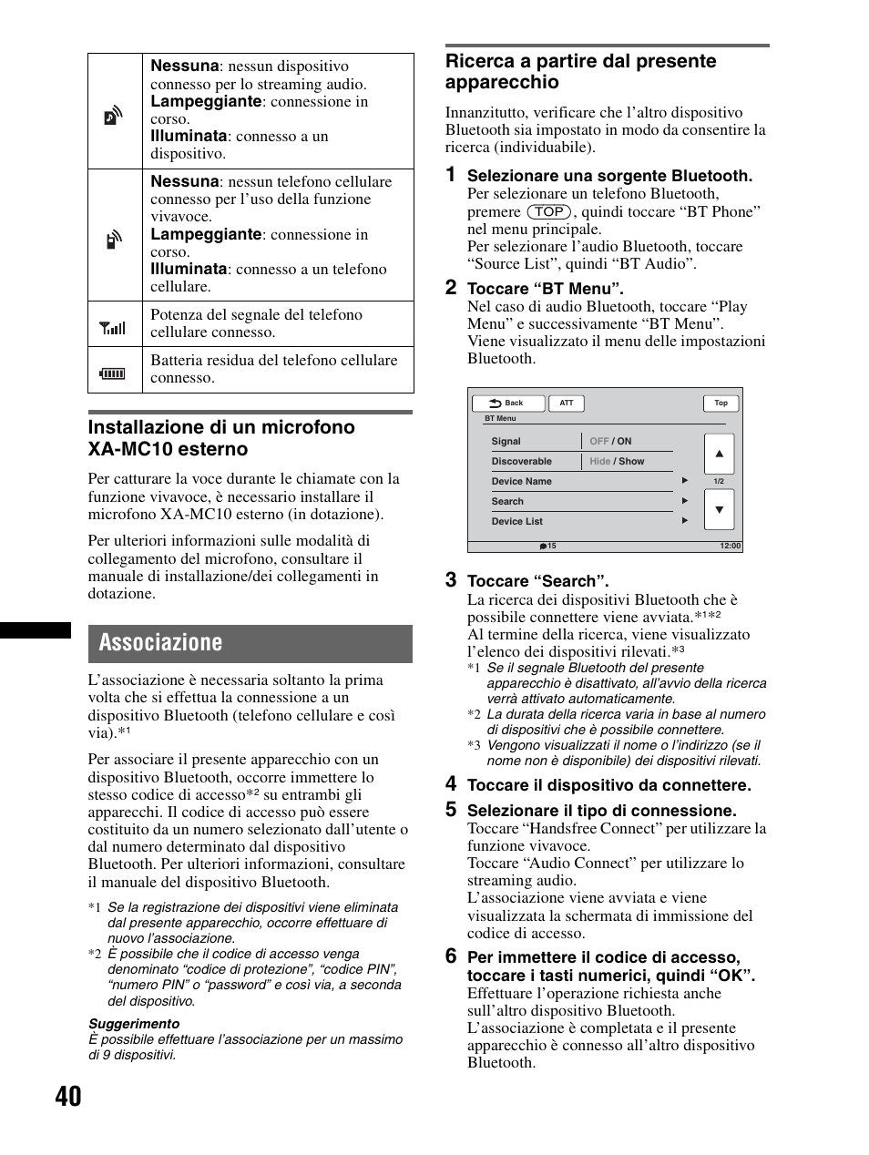 Installazione di un microfono xa-mc10 esterno, Associazione, Ricerca a partire dal presente apparecchio | Ricerca a partire dal presente, Apparecchio | Sony XAV-70BT User Manual | Page 194 / 240