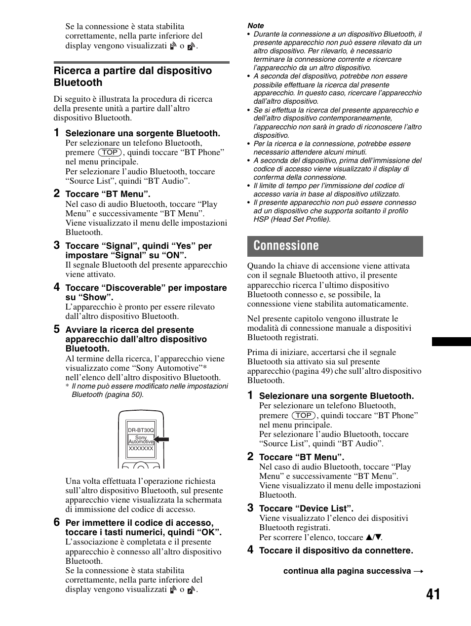 Ricerca a partire dal dispositivo bluetooth, Connessione, Ricerca a partire dal dispositivo | Bluetooth | Sony XAV-70BT User Manual | Page 195 / 240