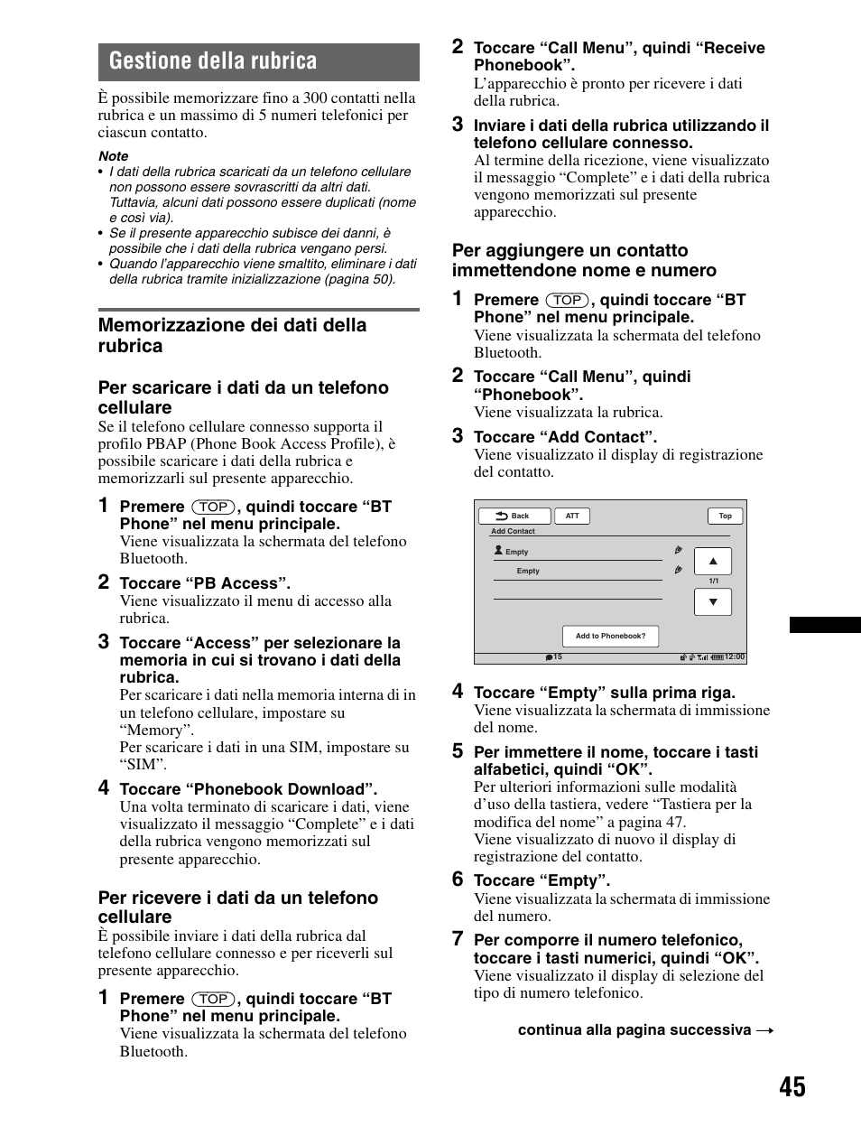 Gestione della rubrica, Memorizzazione dei dati della rubrica | Sony XAV-70BT User Manual | Page 199 / 240