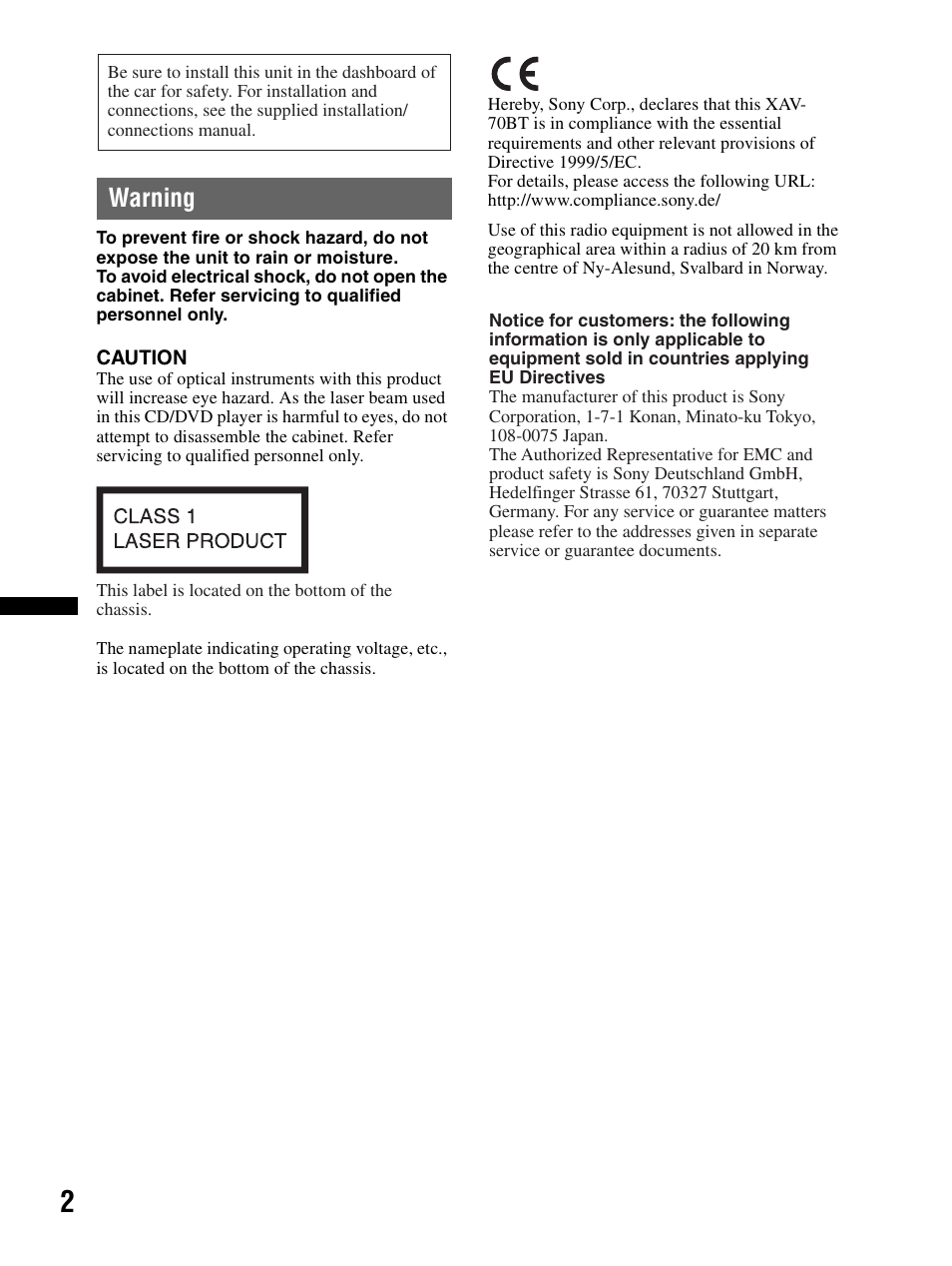 Warning | Sony XAV-70BT User Manual | Page 2 / 240