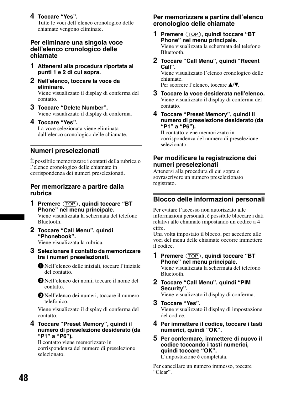 Numeri preselezionati, Blocco delle informazioni personali | Sony XAV-70BT User Manual | Page 202 / 240