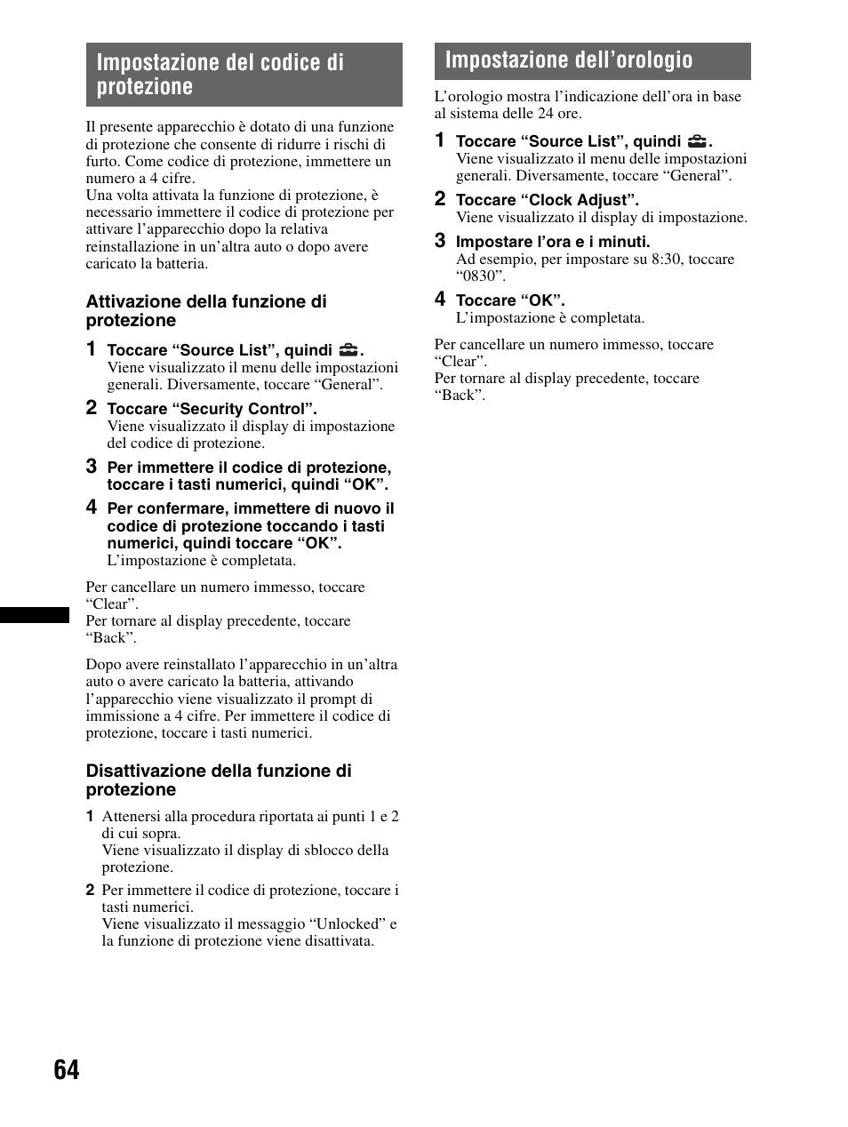 Impostazione del codice di protezione, Impostazione dell’orologio | Sony XAV-70BT User Manual | Page 218 / 240