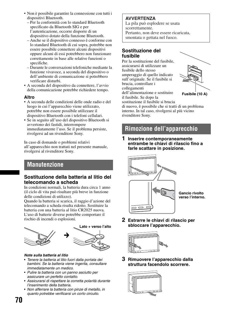 Manutenzione, Rimozione dell’apparecchio | Sony XAV-70BT User Manual | Page 224 / 240