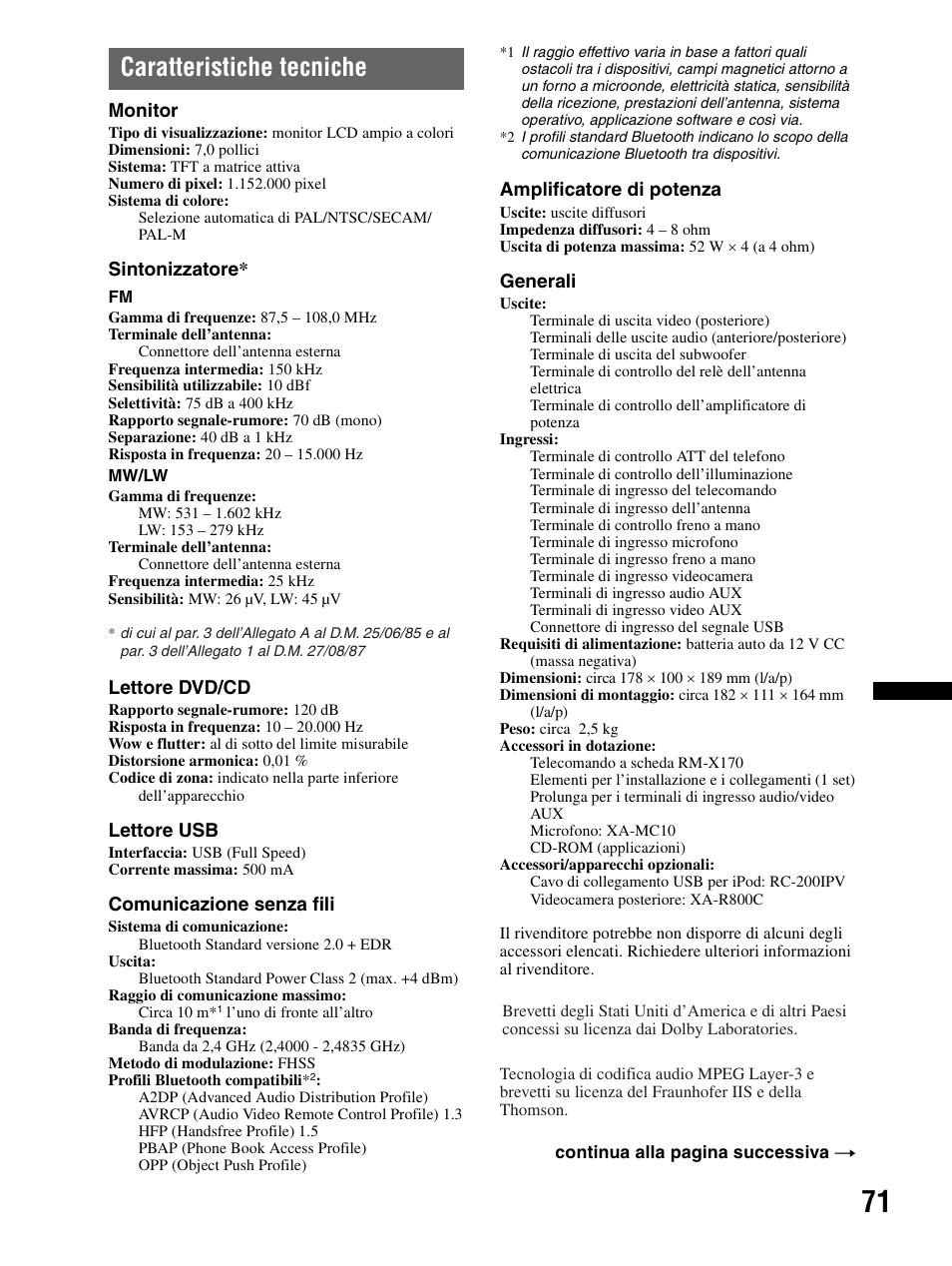 Caratteristiche tecniche | Sony XAV-70BT User Manual | Page 225 / 240