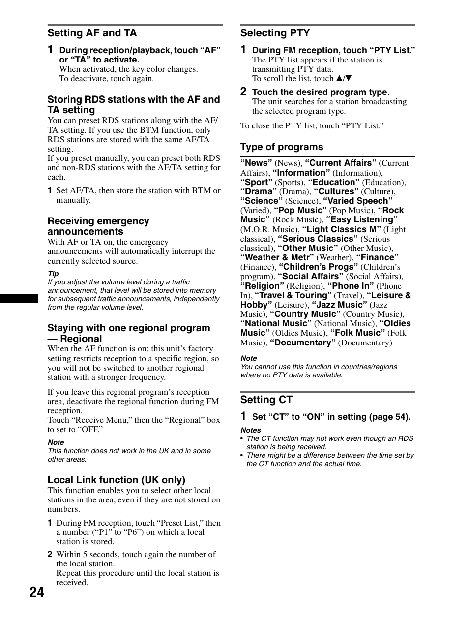 Setting af and ta, Selecting pty, Setting ct | Setting af and ta selecting pty setting ct | Sony XAV-70BT User Manual | Page 24 / 240