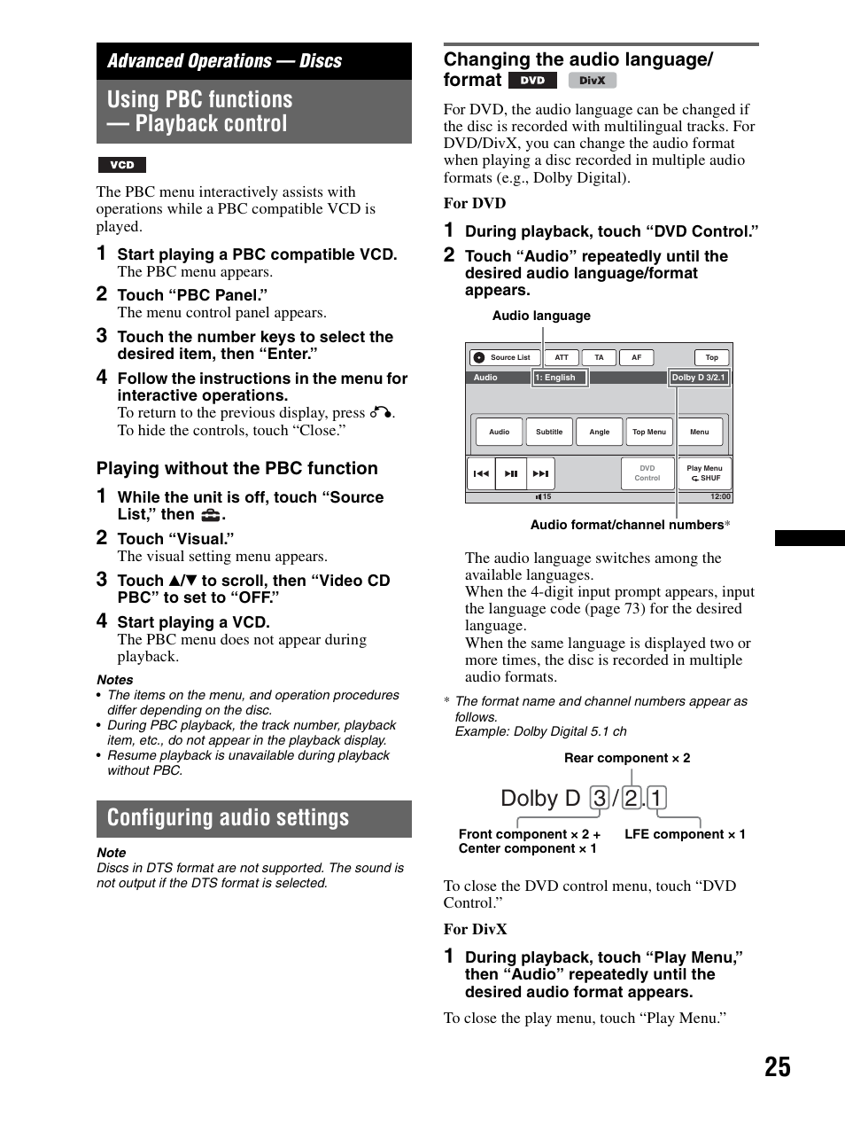 Advanced operations — discs, Using pbc functions — playback control, Configuring audio settings | Changing the audio language/format, Dolby d 3 / 2, Changing the audio language/ format, Playing without the pbc function | Sony XAV-70BT User Manual | Page 25 / 240