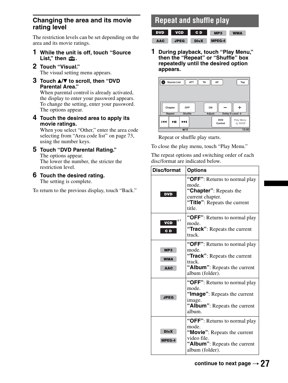 Changing the area and its movie rating level, Repeat and shuffle play, Changing the area and its movie rating | Level | Sony XAV-70BT User Manual | Page 27 / 240