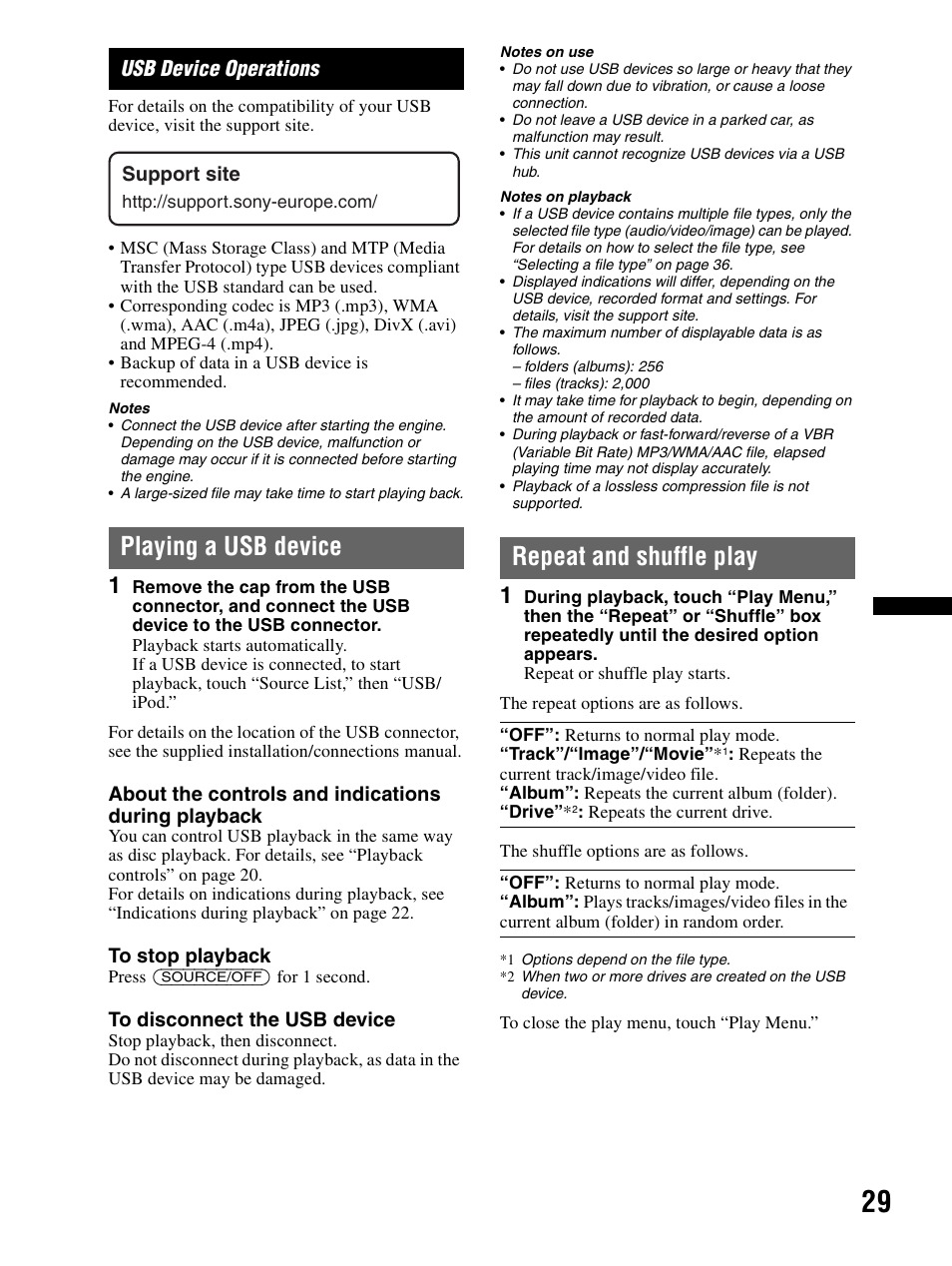 Usb device operations, Playing a usb device, Repeat and shuffle play | About the controls and indications during playback, Support site | Sony XAV-70BT User Manual | Page 29 / 240